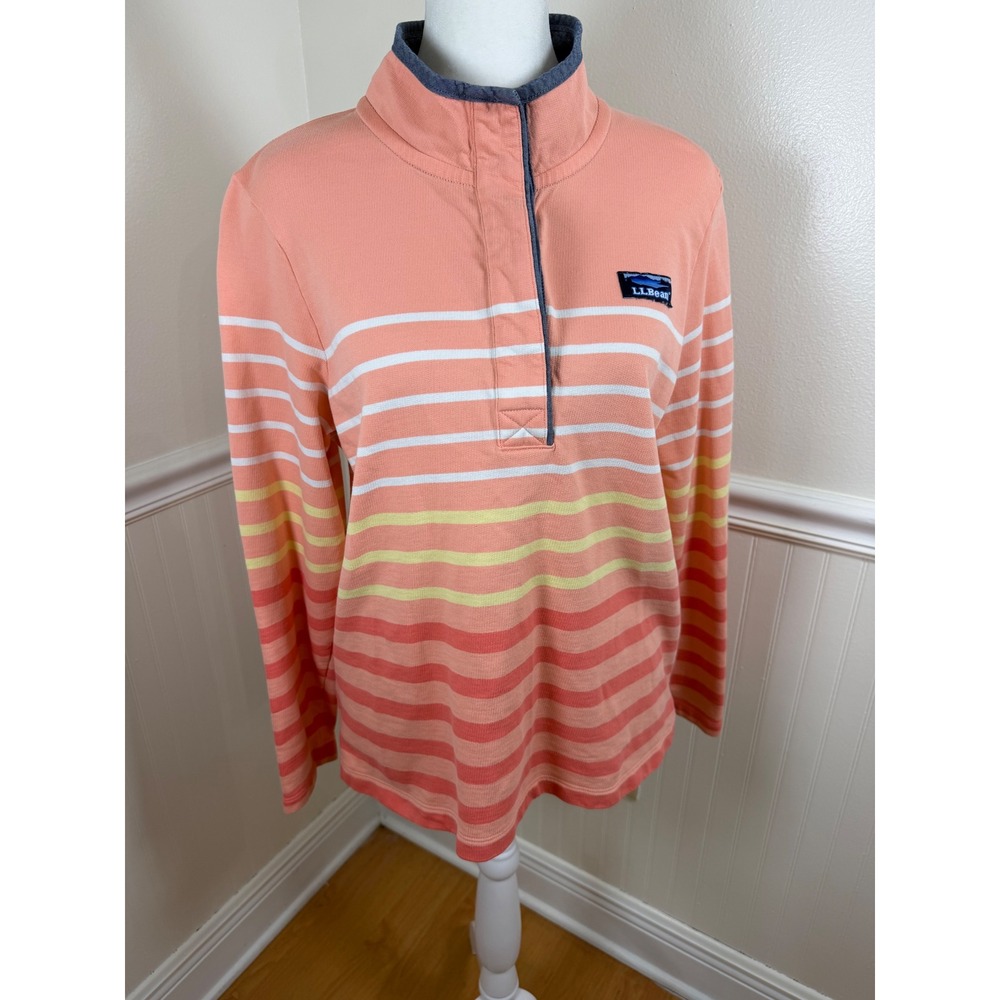 L.L.Bean Pullover Top Women Small Coral Ombre Striped Logo Mock Neck 501539